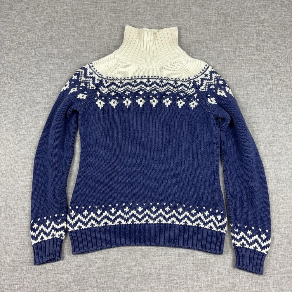 Lands' End Sweater Kids 14 Blue Fair Isle Turtleneck Cotton Knit Winter Pullover